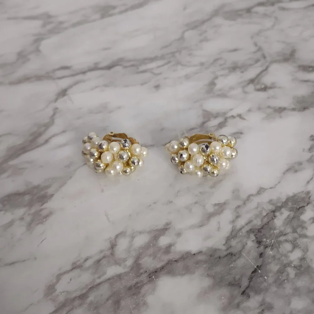 Vintage 80s Clip On Earrings Faux Pearl Bead Strands Dangle Statement 1.5